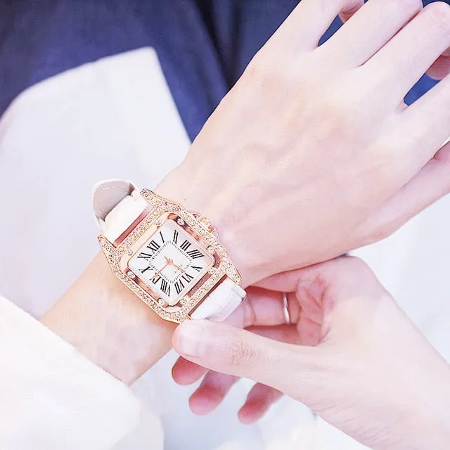 Diamond Starry Square Dial Bracelet Watch Set