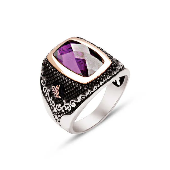 Facet Cut Amethyst Stone Rectangular Silver Men’s Ring Siding Ottoman Tughra and Branch Pattern