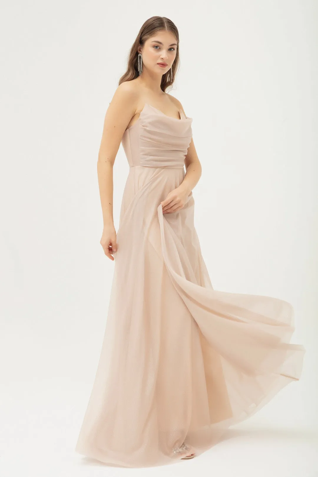 Female Chest Drapeli Slit Silek Silvery Evening Dress