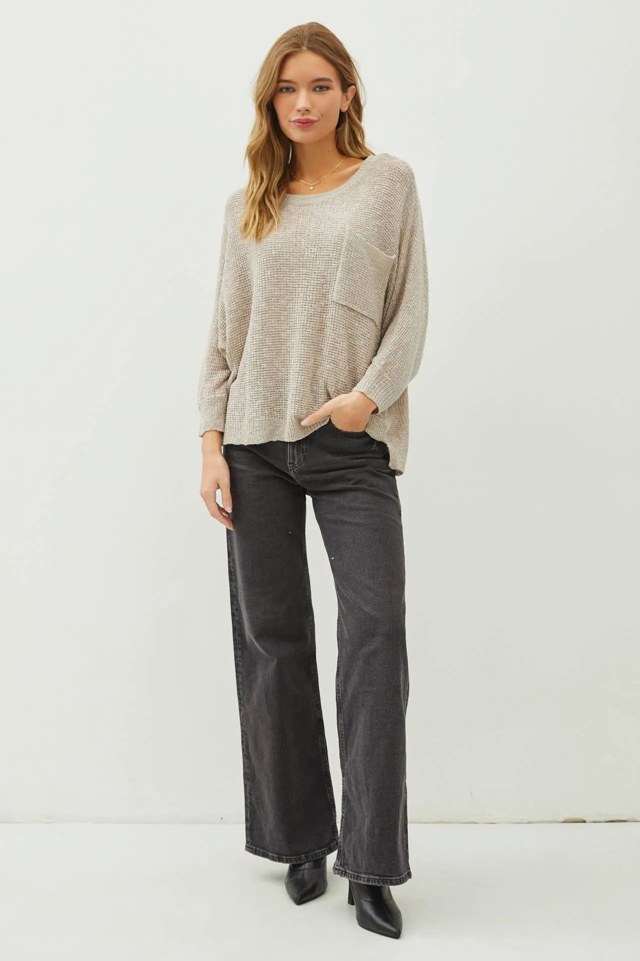 FRONT POCKET DOLMAN LONG SLEEVE KNIT SWEATER