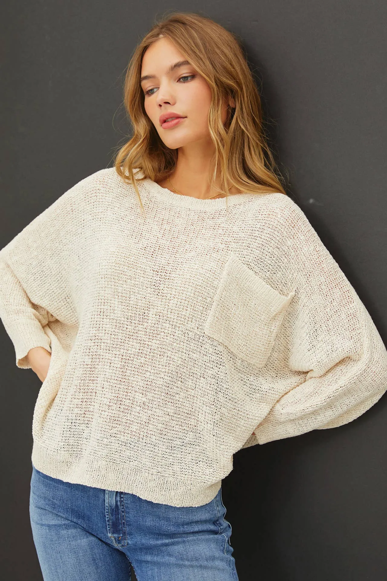 FRONT POCKET DOLMAN LONG SLEEVE KNIT SWEATER