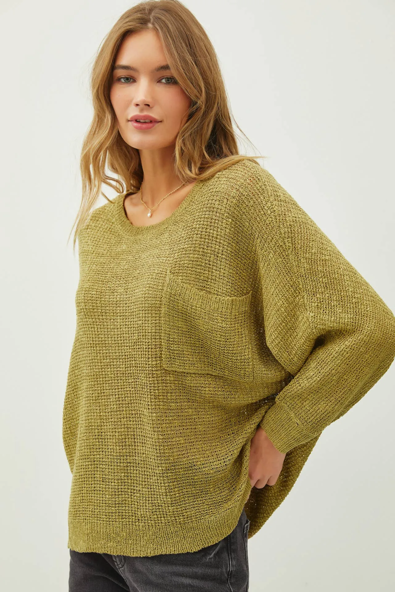 FRONT POCKET DOLMAN LONG SLEEVE KNIT SWEATER