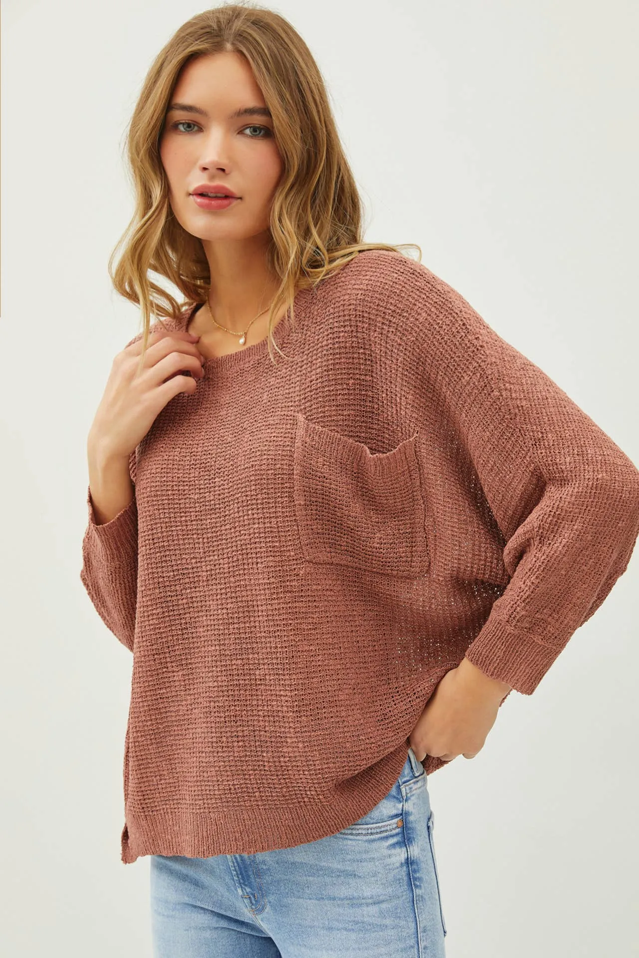 FRONT POCKET DOLMAN LONG SLEEVE KNIT SWEATER