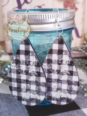 Hardboard Earrings Buffalo Plaid White and Black Distressed