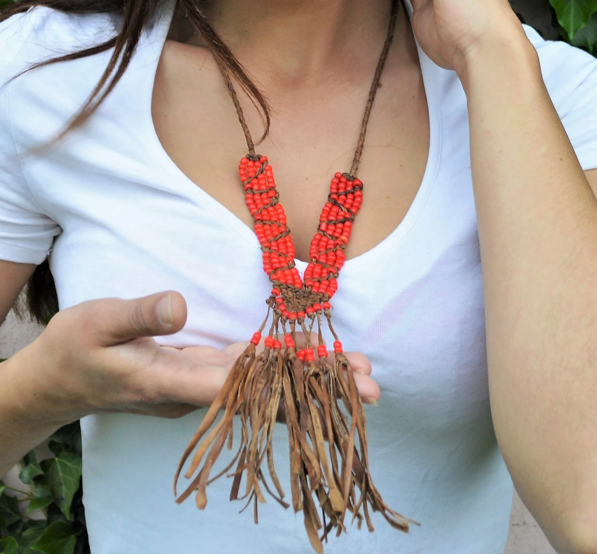 Leather necklace with red beads