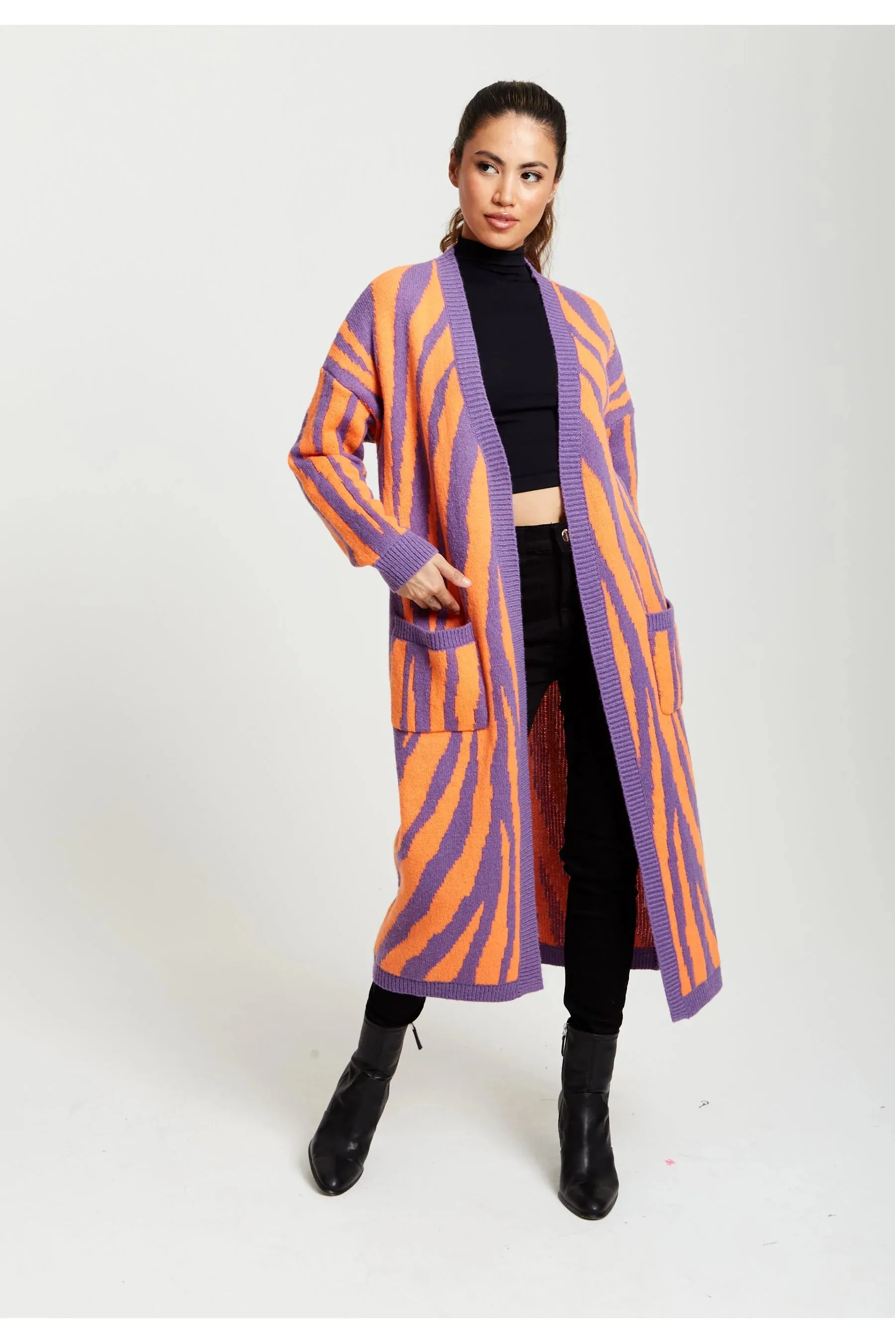 Liquorish Longline Cardigan Zebra Pattern