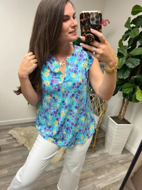 Lizzy Flutter Sleeve Top in Teal and Purple Floral - 4/26