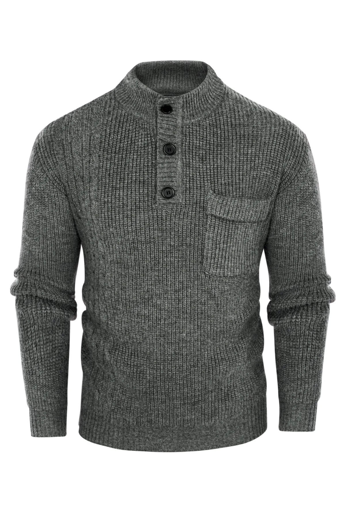 Men's Quarter Button Sweater Stand Collar Knitted Pullover Henley Sweater with Pocket