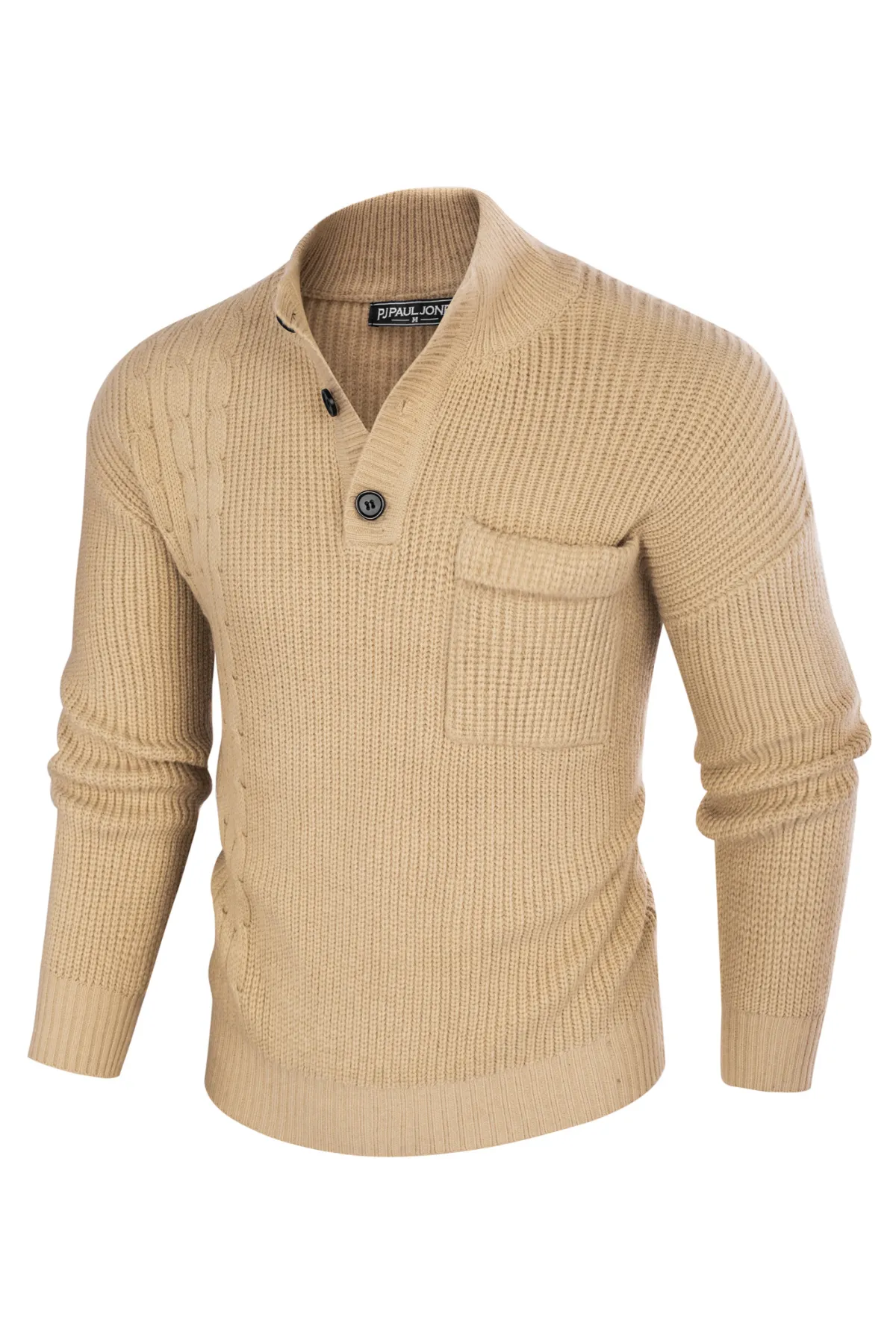 Men's Quarter Button Sweater Stand Collar Knitted Pullover Henley Sweater with Pocket