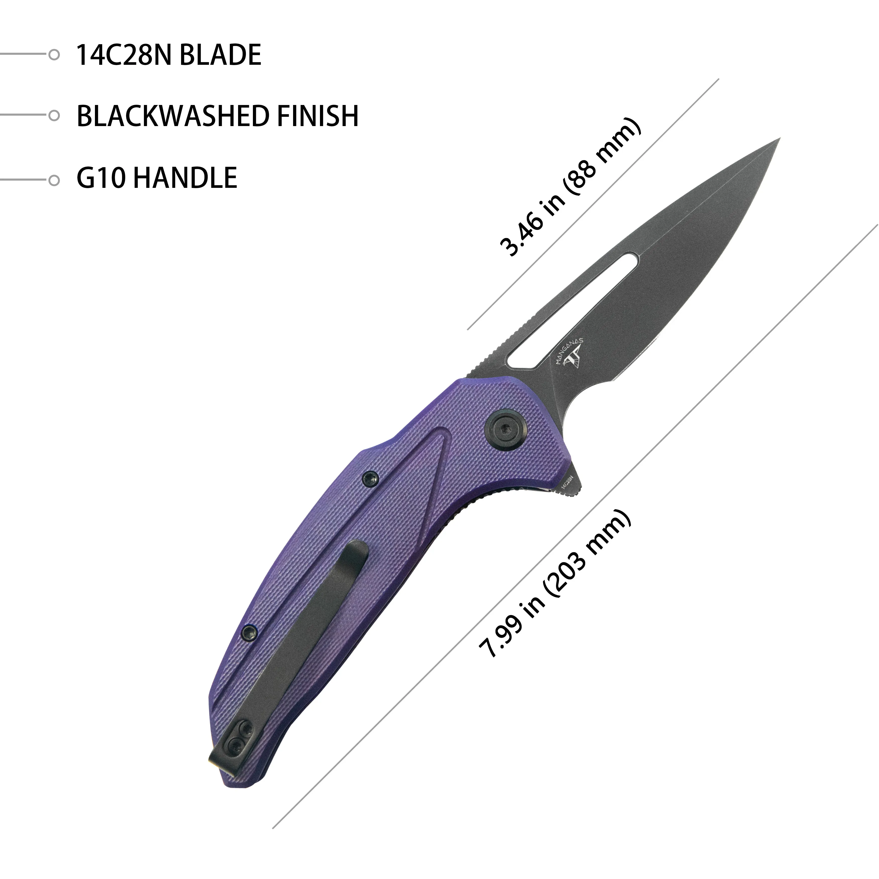 Nautilus Flipper Knife Purple G10 Handle 3.46 Silver Sandblast 14C28N KU372A