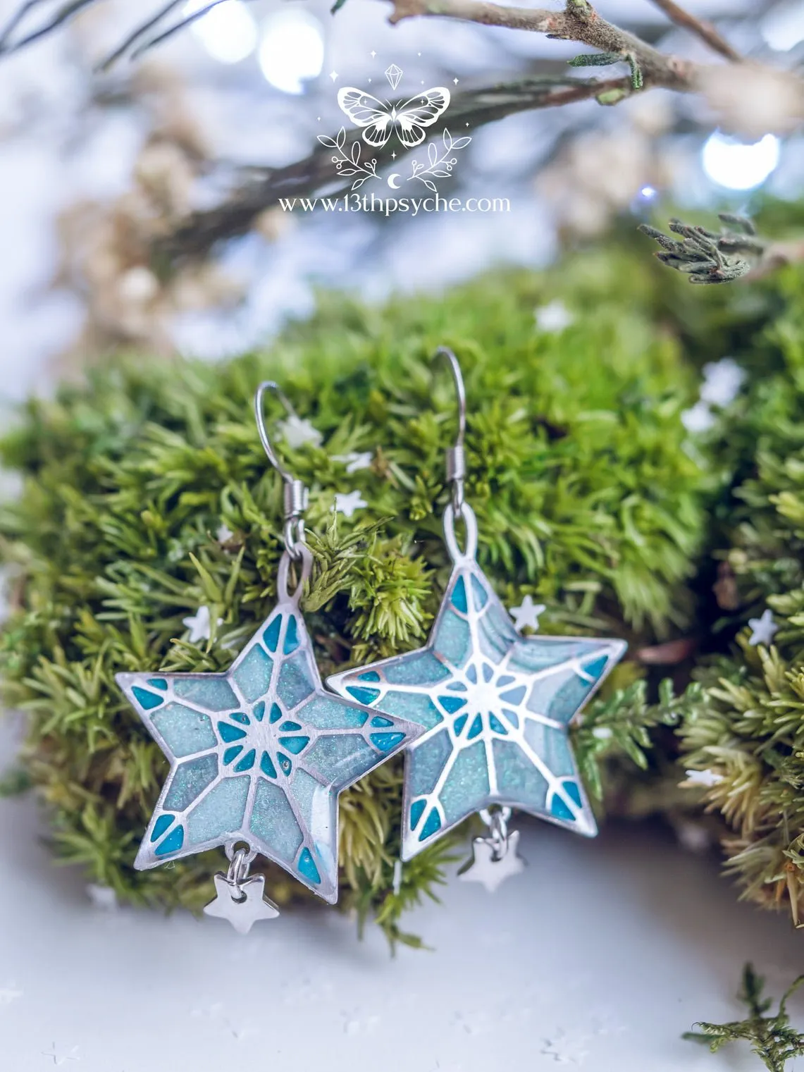 Winter star earrings, dangle drop earrings