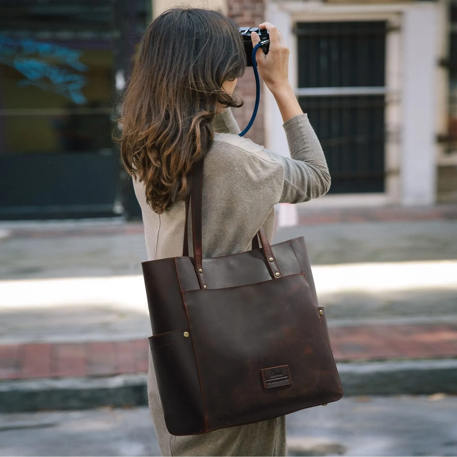 Women Genuine Leather Tote Bag with Side Pocket