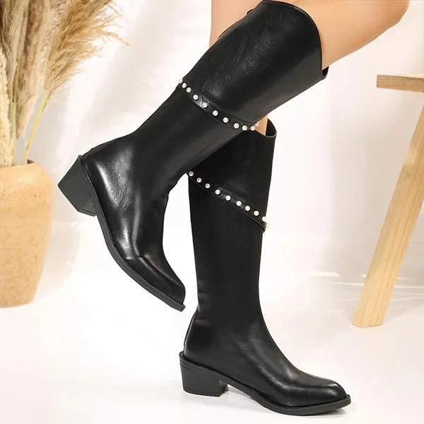 Women's Black Chunky Heel Knee-High Boots 19096588C