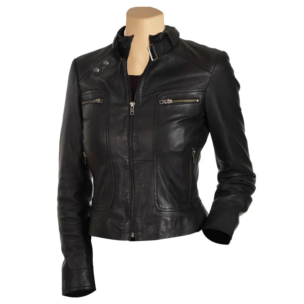 Womens Black Leather Jacket With Collar Belt