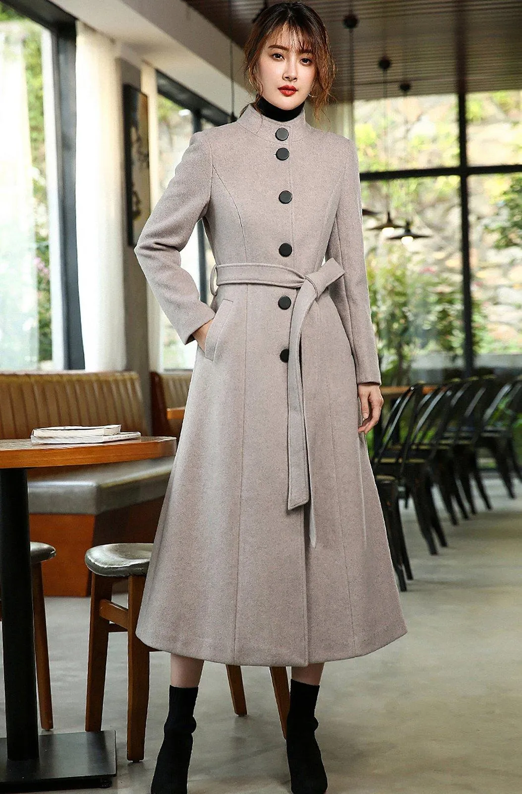 Women's Custom Gray Cashmere coat,super long over-the-knee slim Wool Coat,lace-up woolen coat,Autumn Winter coat for women,Women's Outerwear